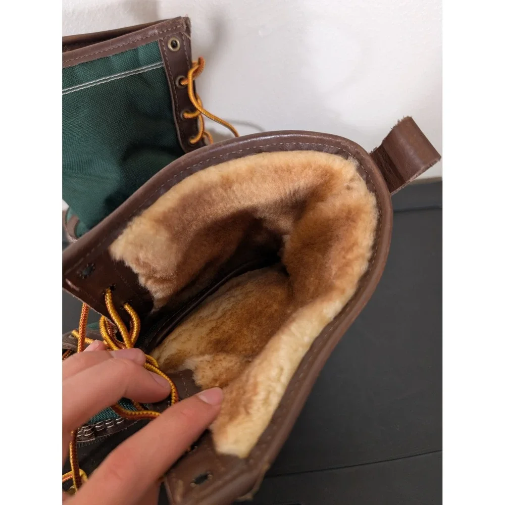 LL Bean Men's 13 Shearling Lined Duck Boots Green Canvas Brown Leather USA
